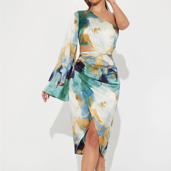 FASHION NOVA NWT Size M Gossip Girl Satin Midi Dress. Teal/combo - Picture 9 of 10